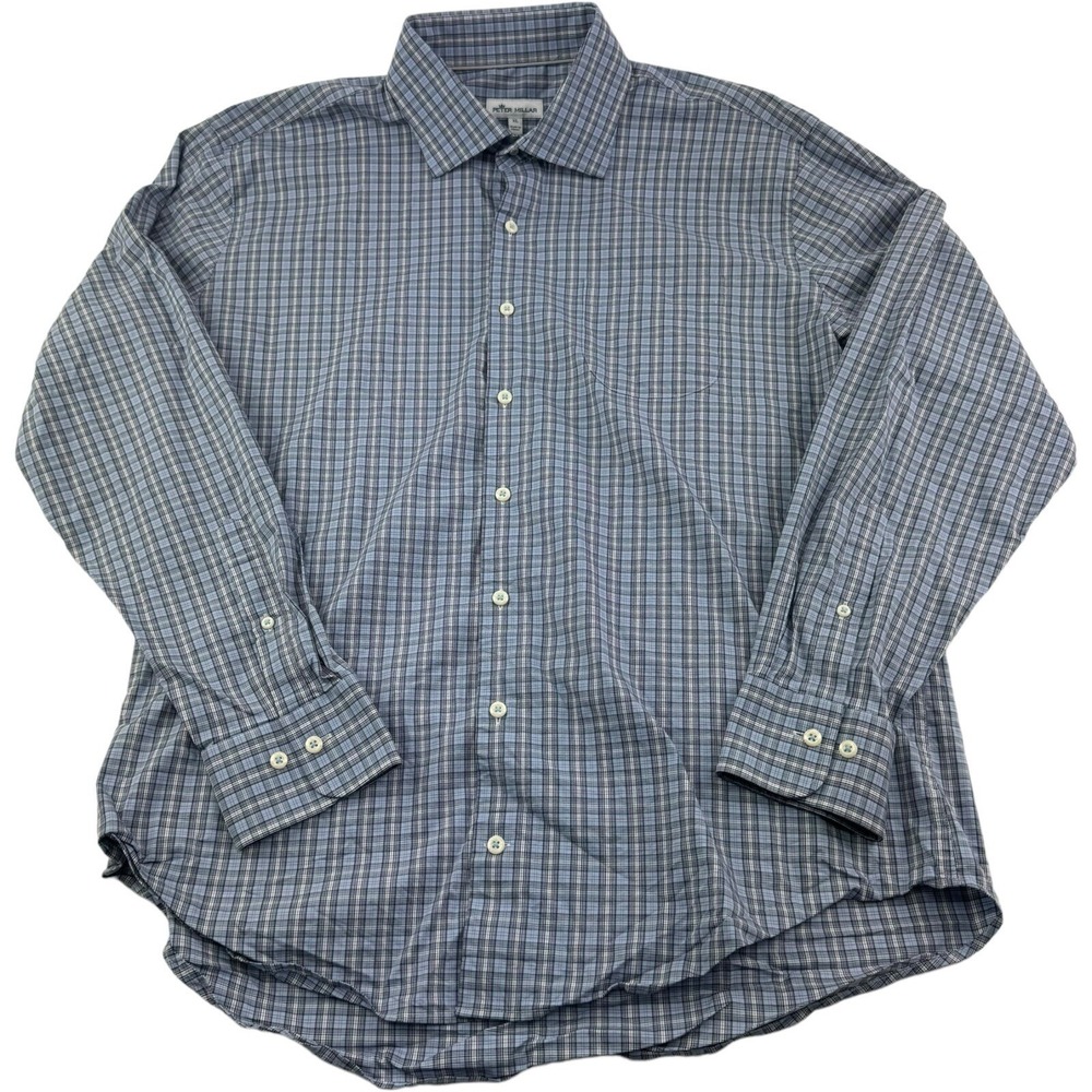 Peter Millar Crown Blue White & Red Plaid Cotton Blend Button Up Mens Size XL - Picture 2 of 7